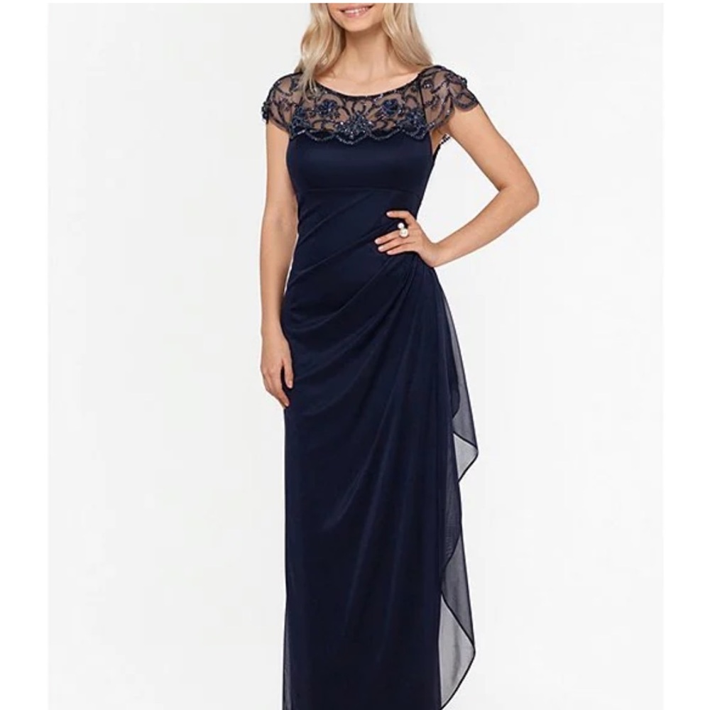 Xscape 18W Yoke Neck with Navy Flowers Mother of the Bride/Groom Formal Gown